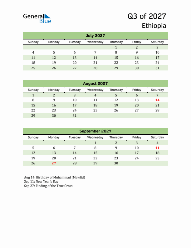 Quarterly Calendar 2027 with Ethiopia Holidays