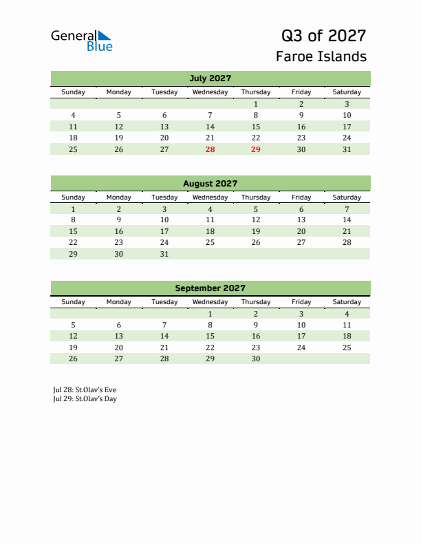 Quarterly Calendar 2027 with Faroe Islands Holidays