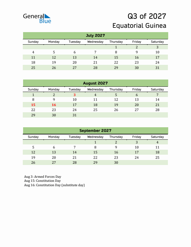 Quarterly Calendar 2027 with Equatorial Guinea Holidays