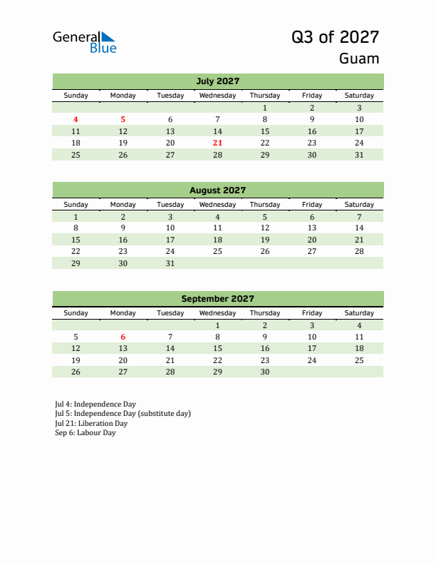 Quarterly Calendar 2027 with Guam Holidays