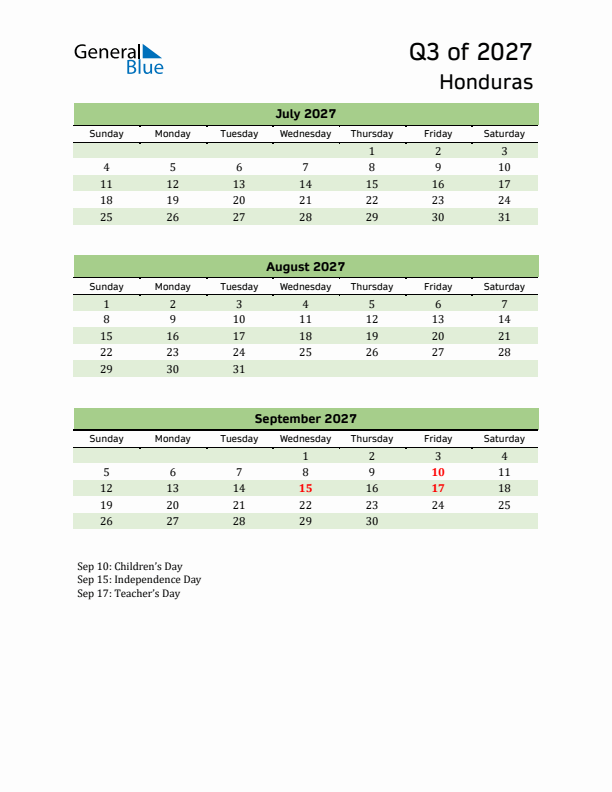 Quarterly Calendar 2027 with Honduras Holidays