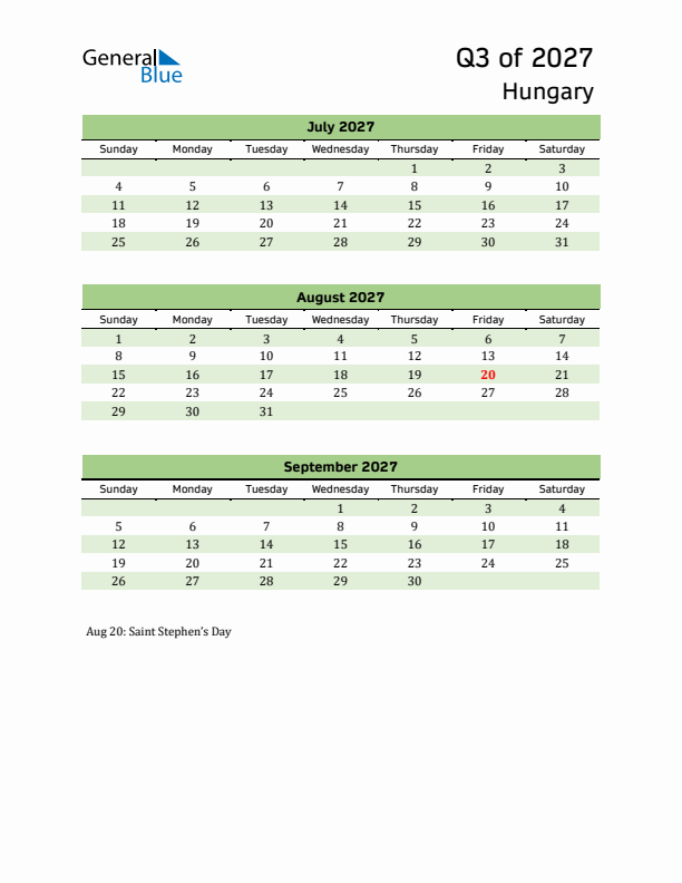 Quarterly Calendar 2027 with Hungary Holidays