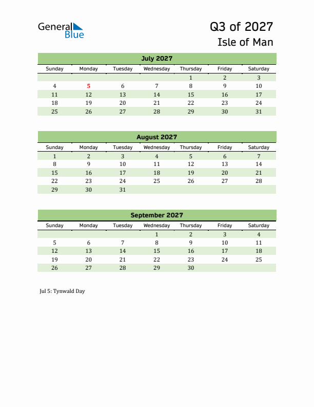 Quarterly Calendar 2027 with Isle of Man Holidays