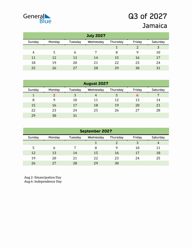 Quarterly Calendar 2027 with Jamaica Holidays