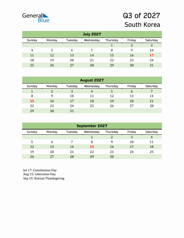 Quarterly Calendar 2027 with South Korea Holidays