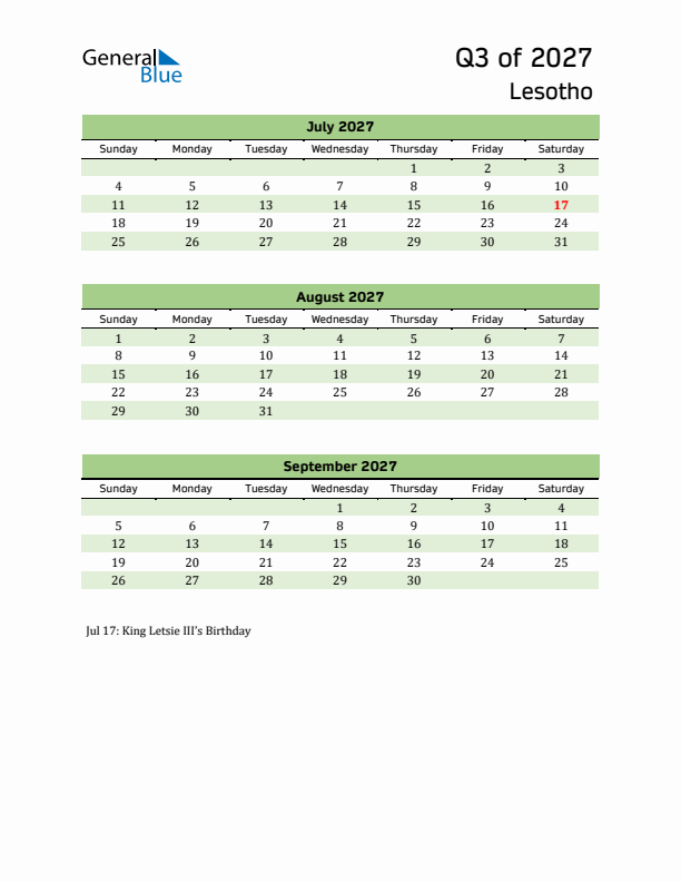 Quarterly Calendar 2027 with Lesotho Holidays