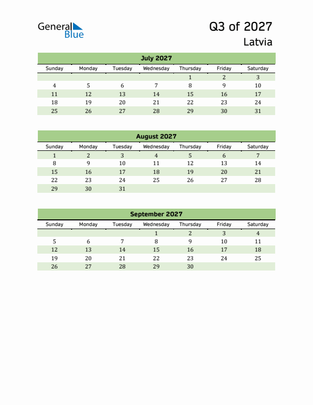 Quarterly Calendar 2027 with Latvia Holidays