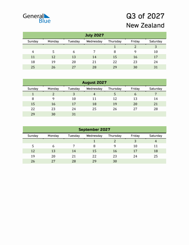 Quarterly Calendar 2027 with New Zealand Holidays