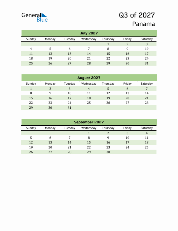 Quarterly Calendar 2027 with Panama Holidays