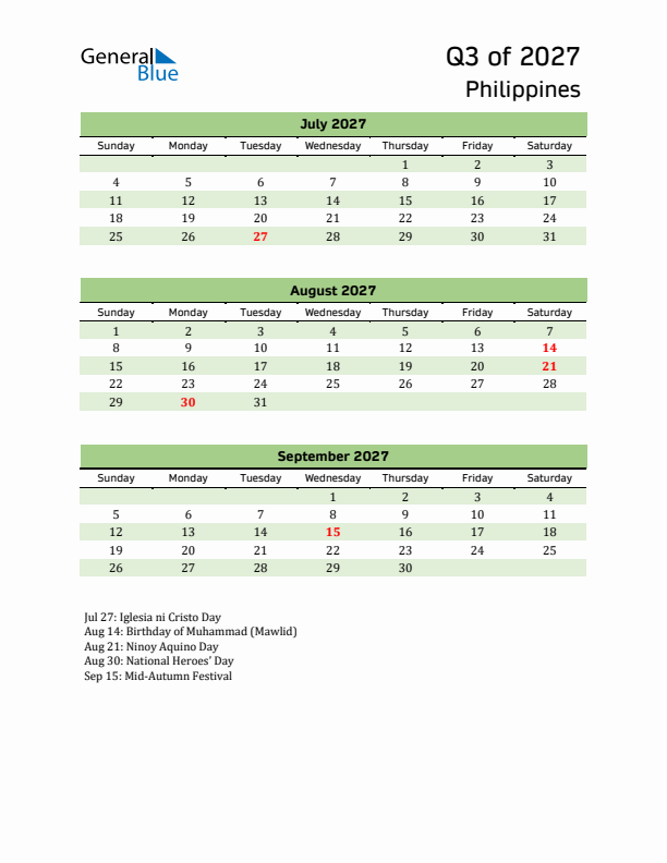 Quarterly Calendar 2027 with Philippines Holidays