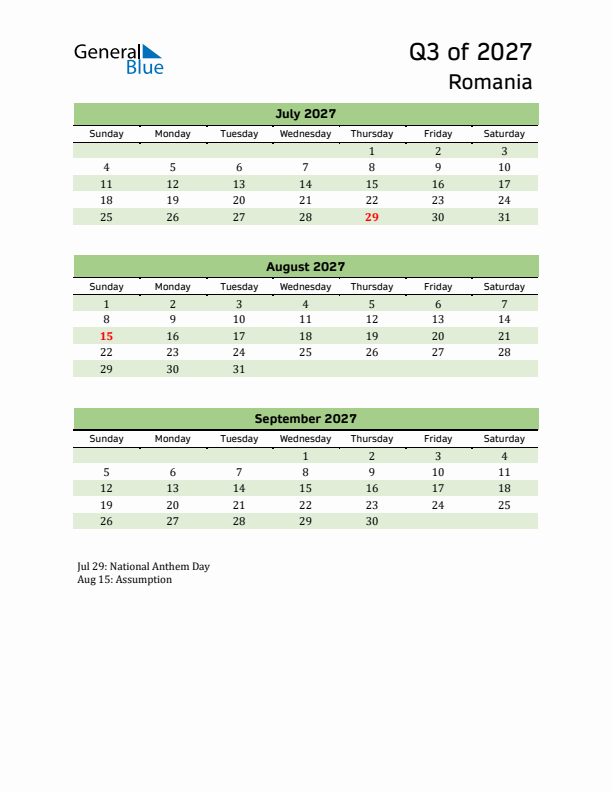 Quarterly Calendar 2027 with Romania Holidays