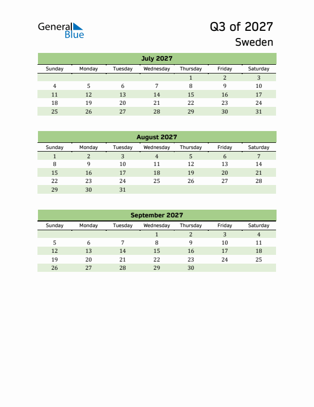 Quarterly Calendar 2027 with Sweden Holidays