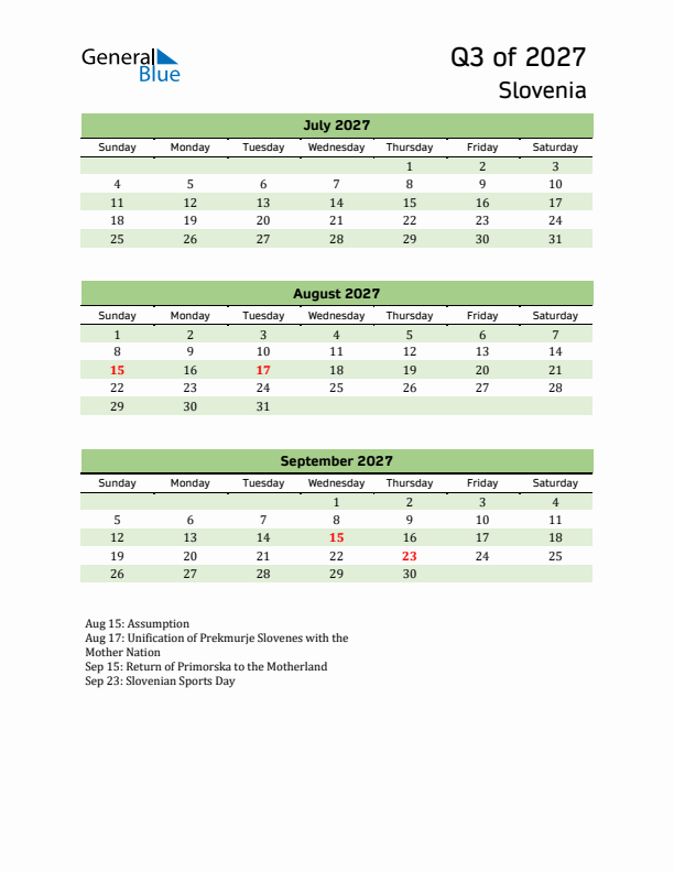 Quarterly Calendar 2027 with Slovenia Holidays