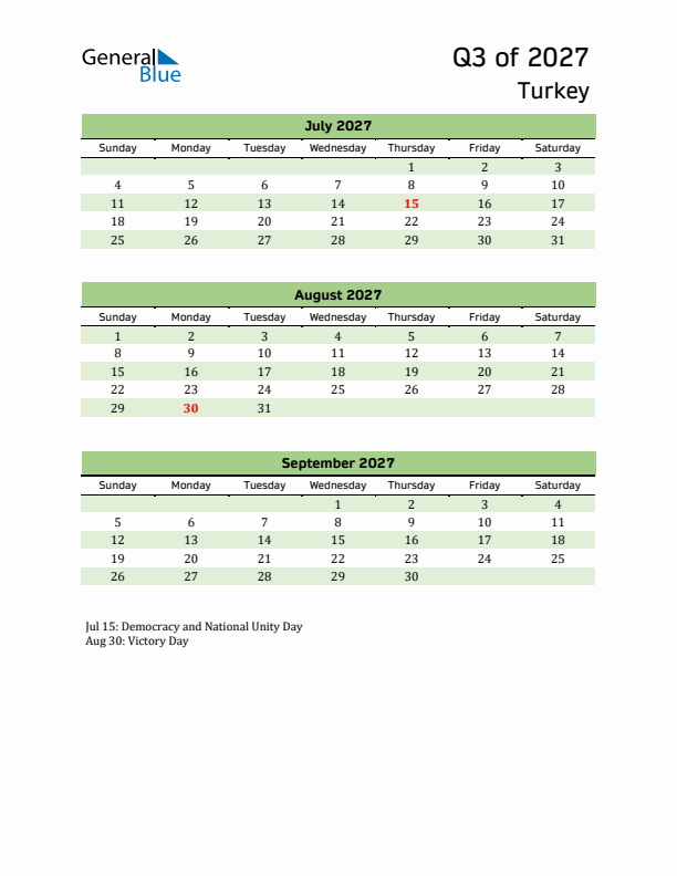 Quarterly Calendar 2027 with Turkey Holidays