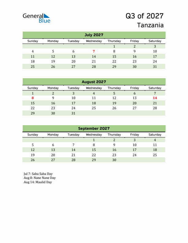 Quarterly Calendar 2027 with Tanzania Holidays