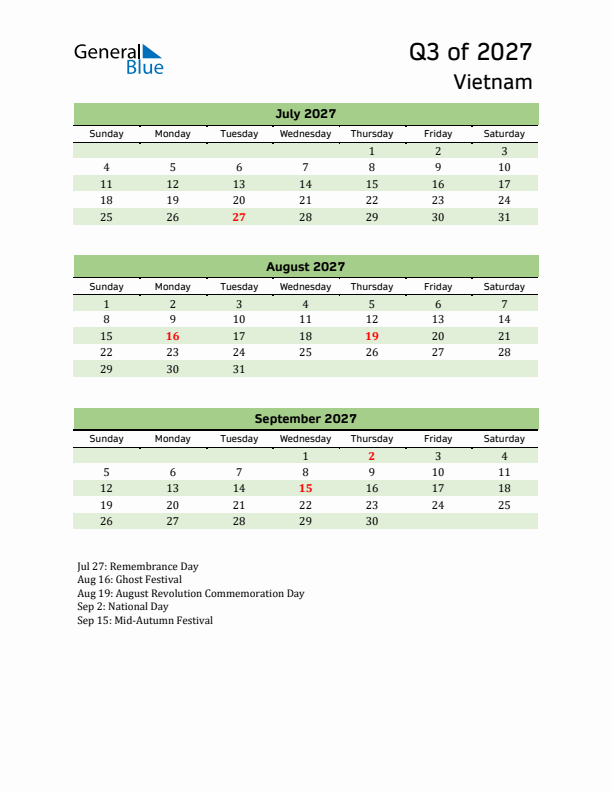 Quarterly Calendar 2027 with Vietnam Holidays