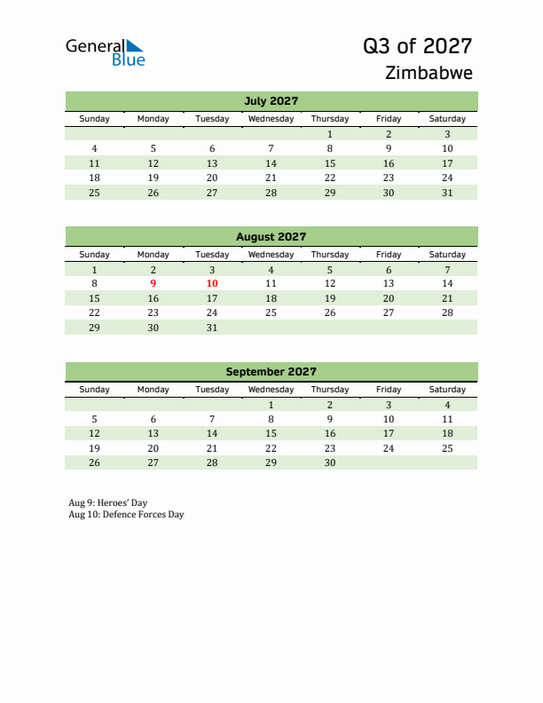 Quarterly Calendar 2027 with Zimbabwe Holidays