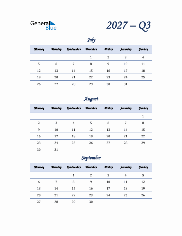 Monday Start 2027 Quarterly Calendar