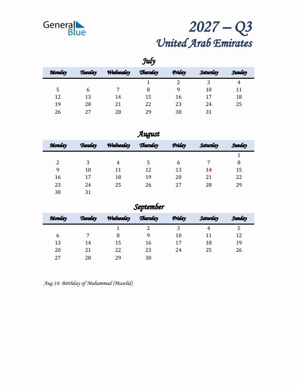 July, August, and September Calendar for United Arab Emirates with Monday Start