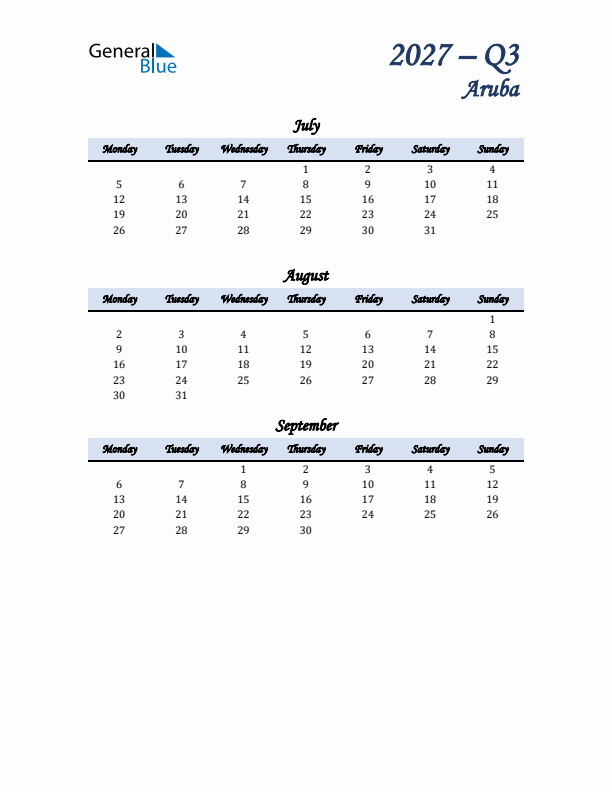 July, August, and September Calendar for Aruba with Monday Start