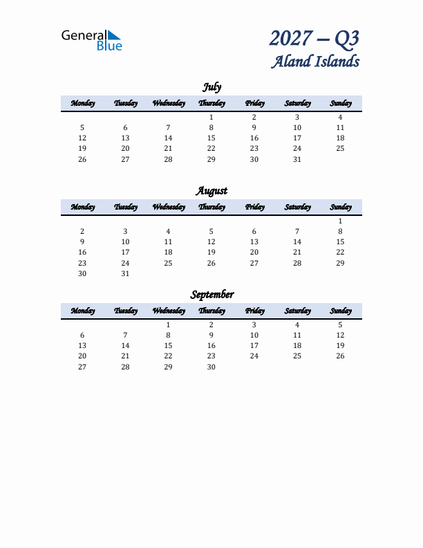 July, August, and September Calendar for Aland Islands with Monday Start