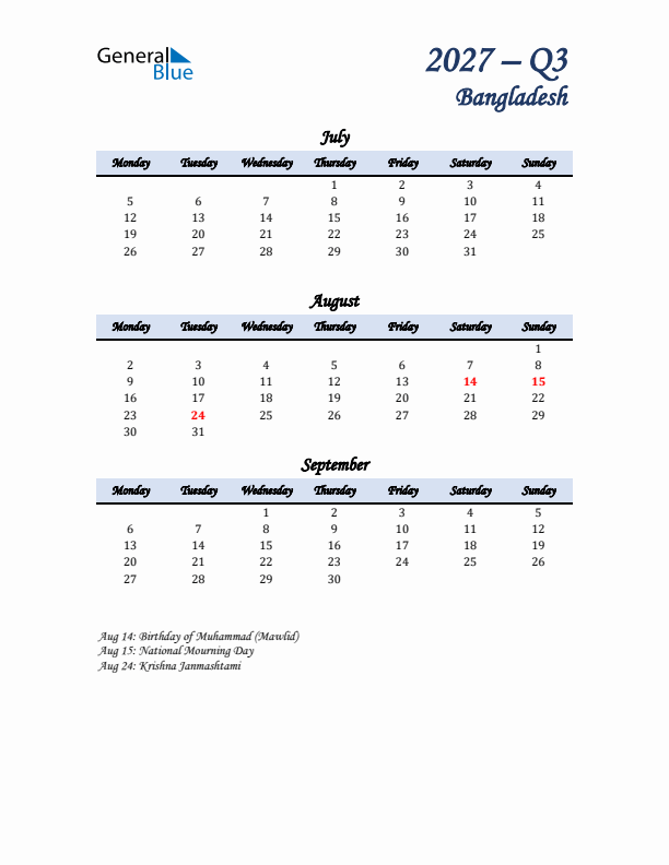 July, August, and September Calendar for Bangladesh with Monday Start