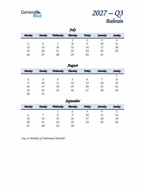 July, August, and September Calendar for Bahrain with Monday Start