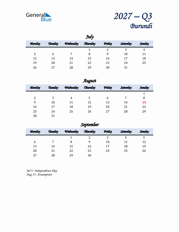 July, August, and September Calendar for Burundi with Monday Start