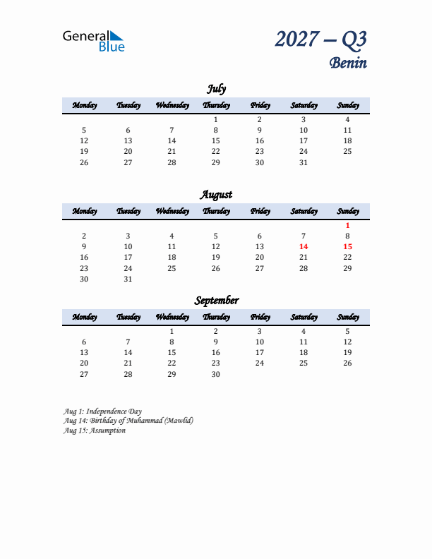 July, August, and September Calendar for Benin with Monday Start