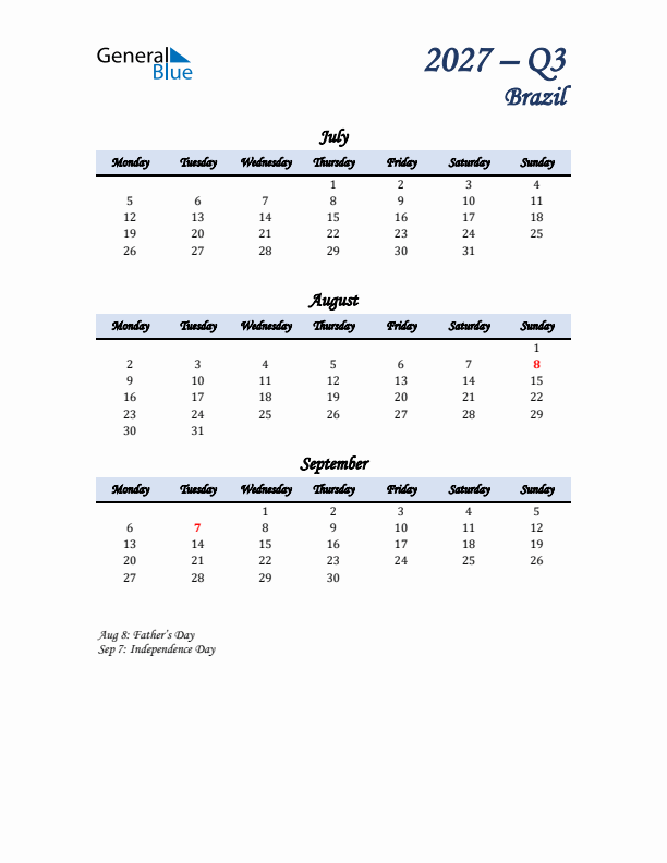 July, August, and September Calendar for Brazil with Monday Start