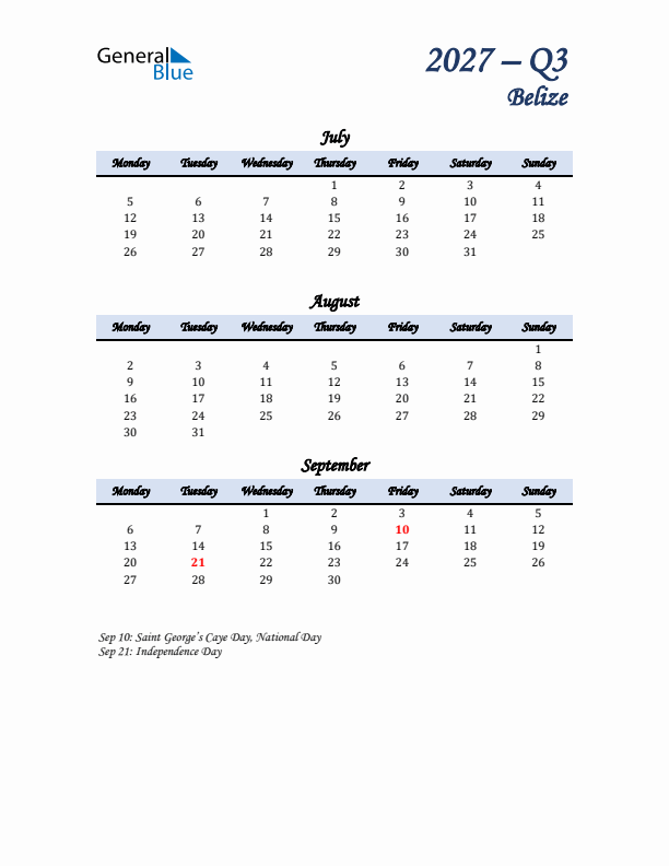 July, August, and September Calendar for Belize with Monday Start