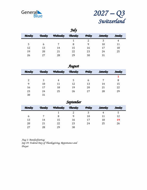 July, August, and September Calendar for Switzerland with Monday Start