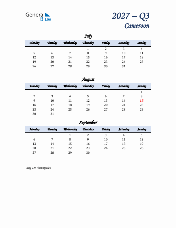 July, August, and September Calendar for Cameroon with Monday Start