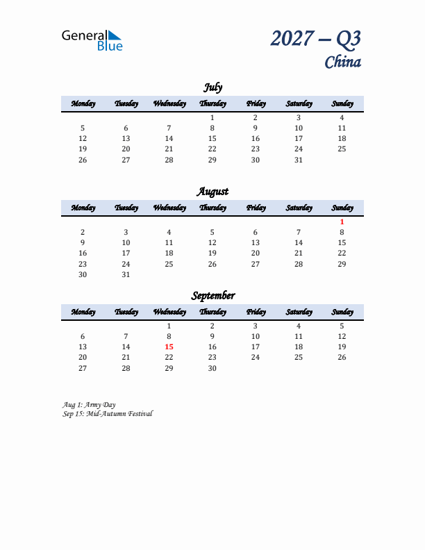 July, August, and September Calendar for China with Monday Start