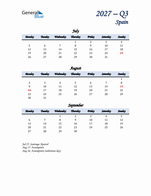 July, August, and September Calendar for Spain with Monday Start