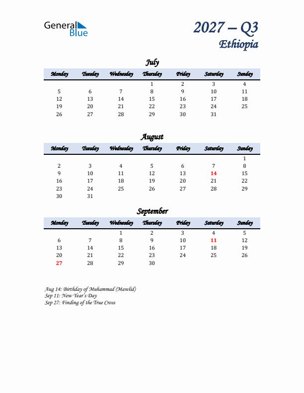 July, August, and September Calendar for Ethiopia with Monday Start