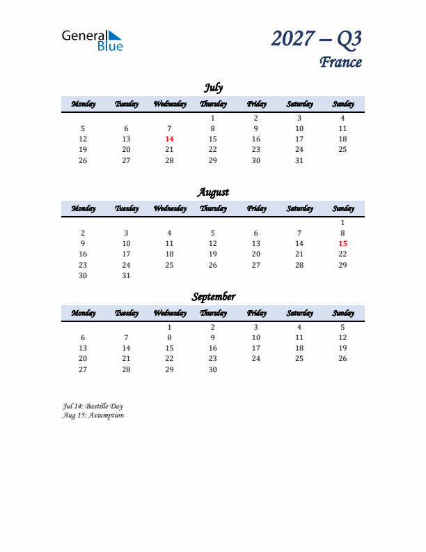 July, August, and September Calendar for France with Monday Start