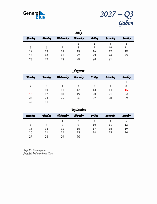 July, August, and September Calendar for Gabon with Monday Start