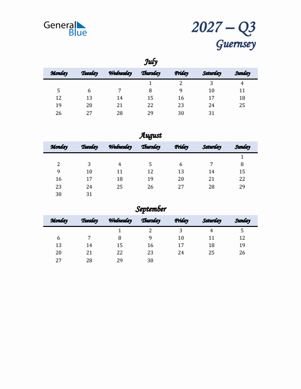 July, August, and September Calendar for Guernsey with Monday Start