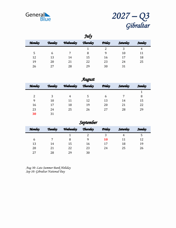 July, August, and September Calendar for Gibraltar with Monday Start