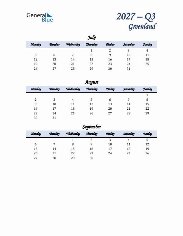 July, August, and September Calendar for Greenland with Monday Start