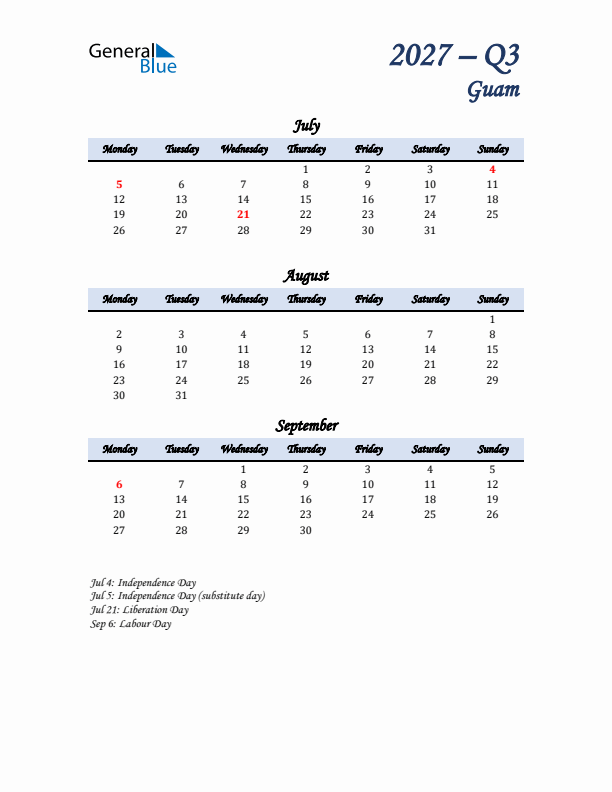 July, August, and September Calendar for Guam with Monday Start