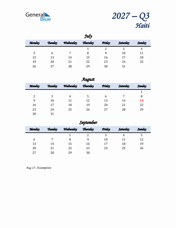 July, August, and September Calendar for Haiti with Monday Start