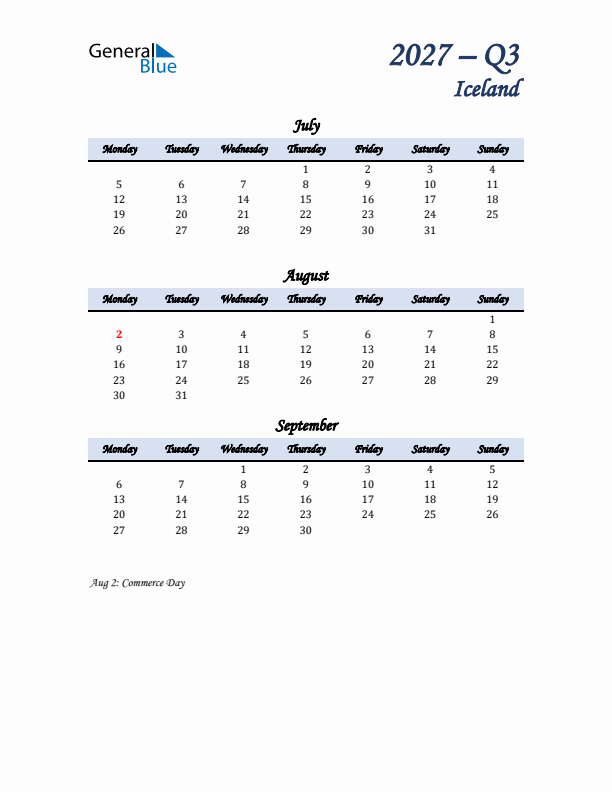 July, August, and September Calendar for Iceland with Monday Start