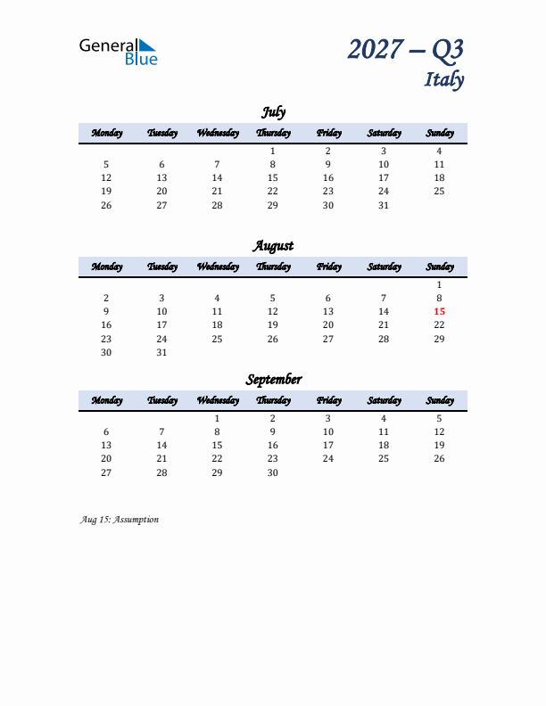 July, August, and September Calendar for Italy with Monday Start