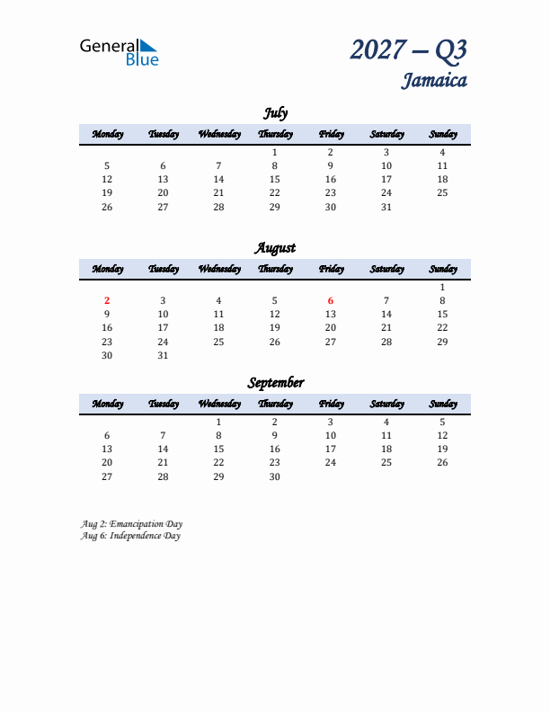 July, August, and September Calendar for Jamaica with Monday Start