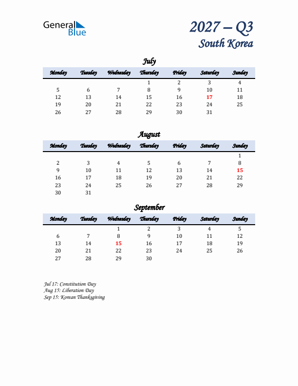 July, August, and September Calendar for South Korea with Monday Start