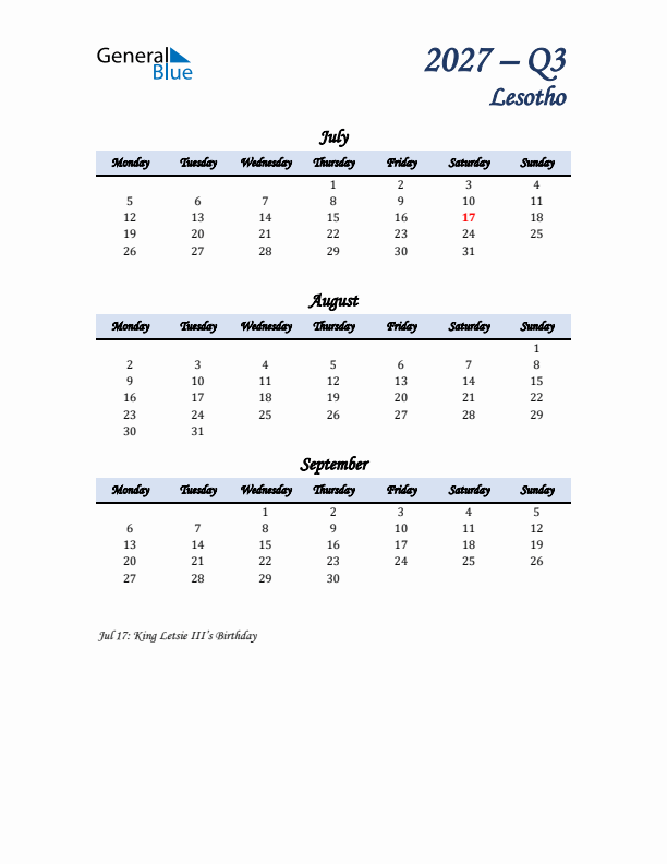 July, August, and September Calendar for Lesotho with Monday Start