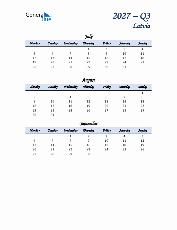 July, August, and September Calendar for Latvia with Monday Start