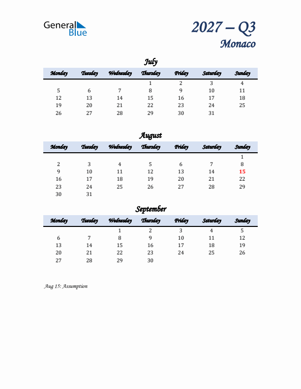 July, August, and September Calendar for Monaco with Monday Start